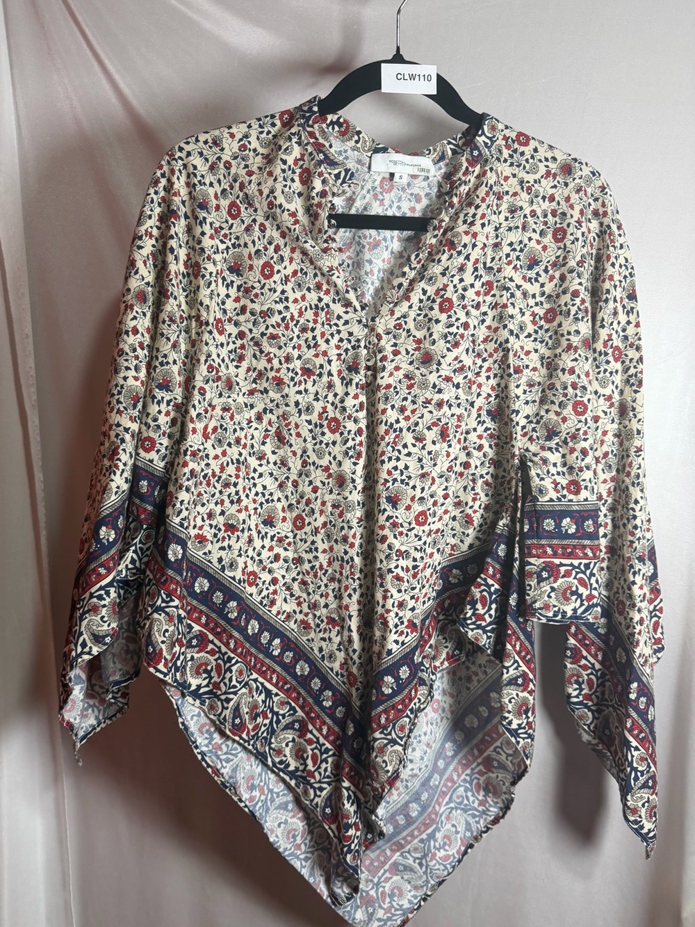 Rosetta Getty Cream Floral Border Poncho Top with Red & Navy Accents